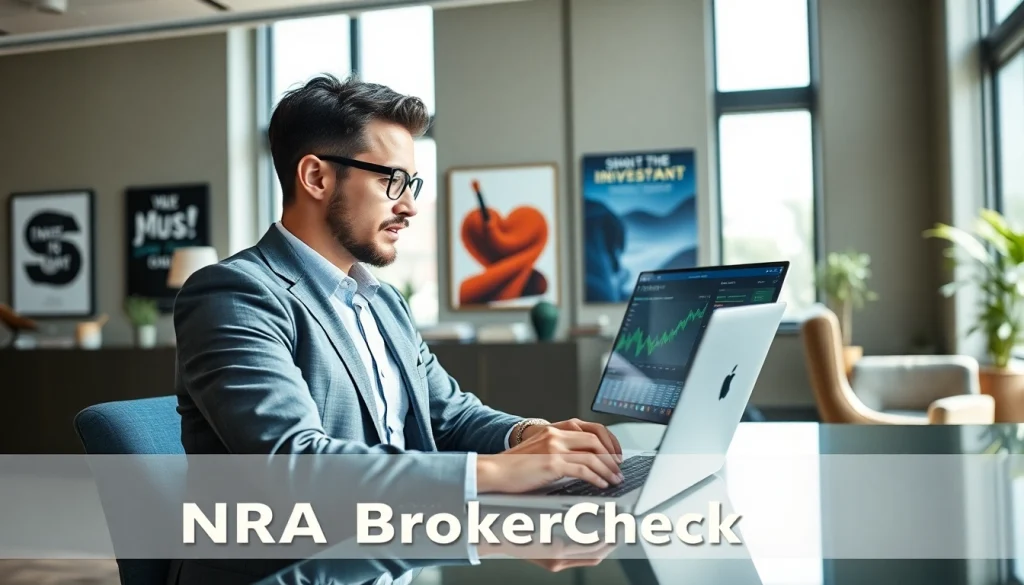 Investigating FINRA BrokerCheck through a financial advisor's focused analysis in a modern office.