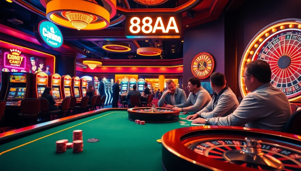 88AA shines brightly on a neon sign above an electrifying casino table filled with players and chips.