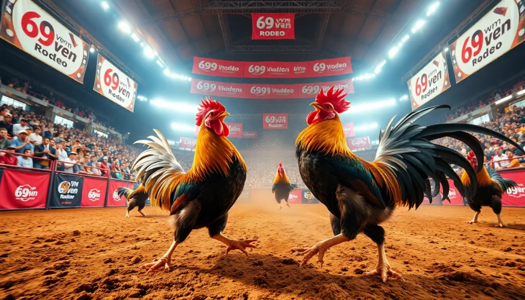 Witness thrilling rooster battles at 69vn.rodeo with enthusiastic spectators in a vibrant arena.