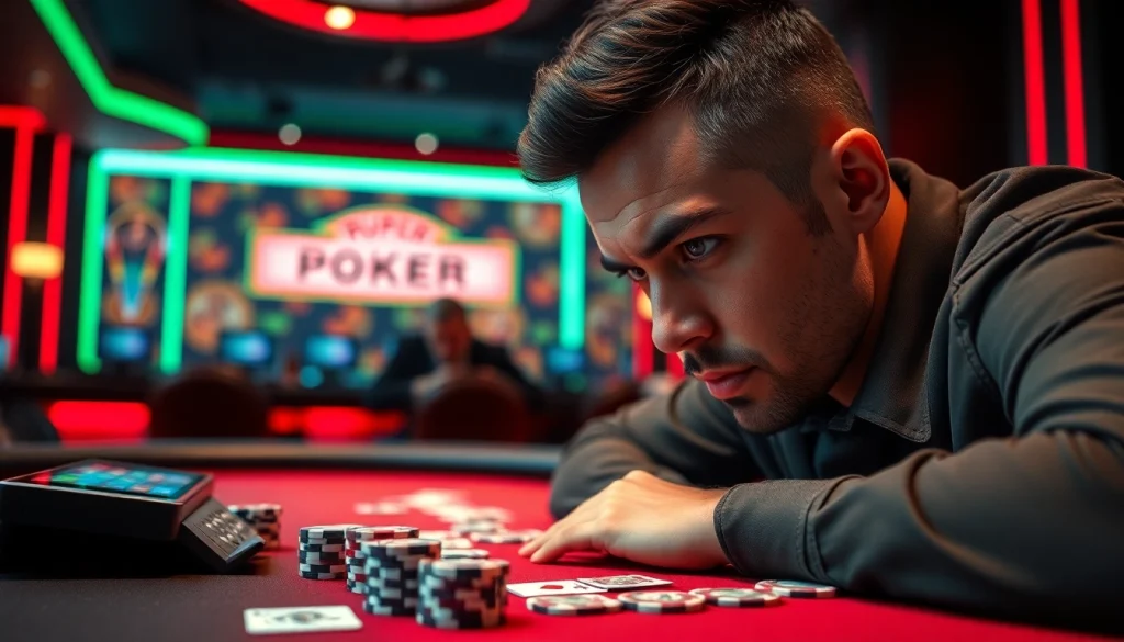Experience online poker kr ly with a focused player strategizing at a luxury casino table.