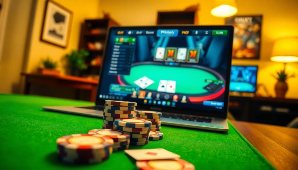 Engage with Online poker kr ly in a vibrant setting featuring chips and a high-resolution screen.
