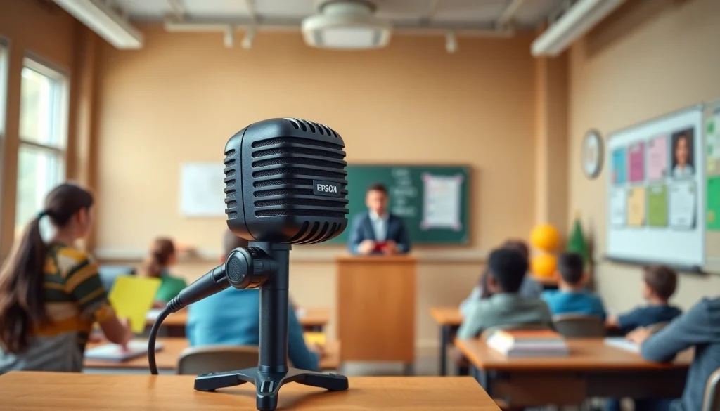 Amplify your voice with the microphone epsion in a modern classroom presentation.