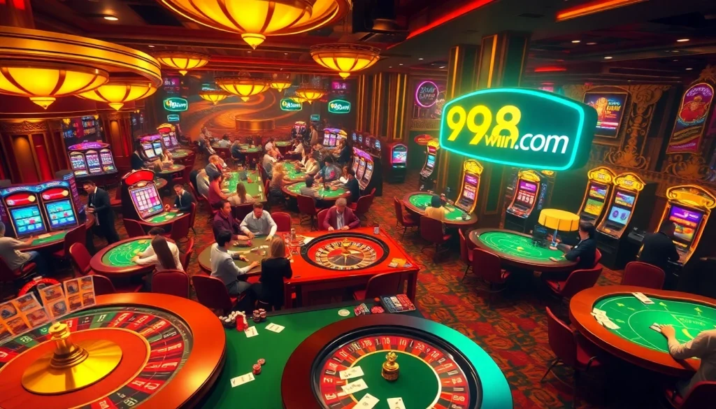 Excited players enjoying their gaming experience at 98win.com casino with poker tables, roulette, and vibrant slot machines.