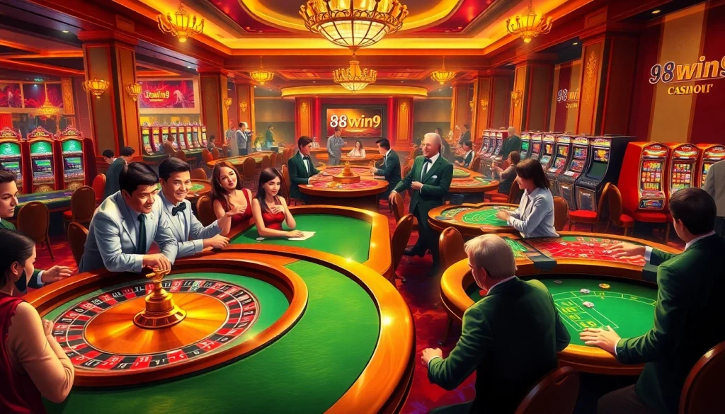 Exciting casino scene showcasing 98win9 gaming with roulette, poker, and slot machines.