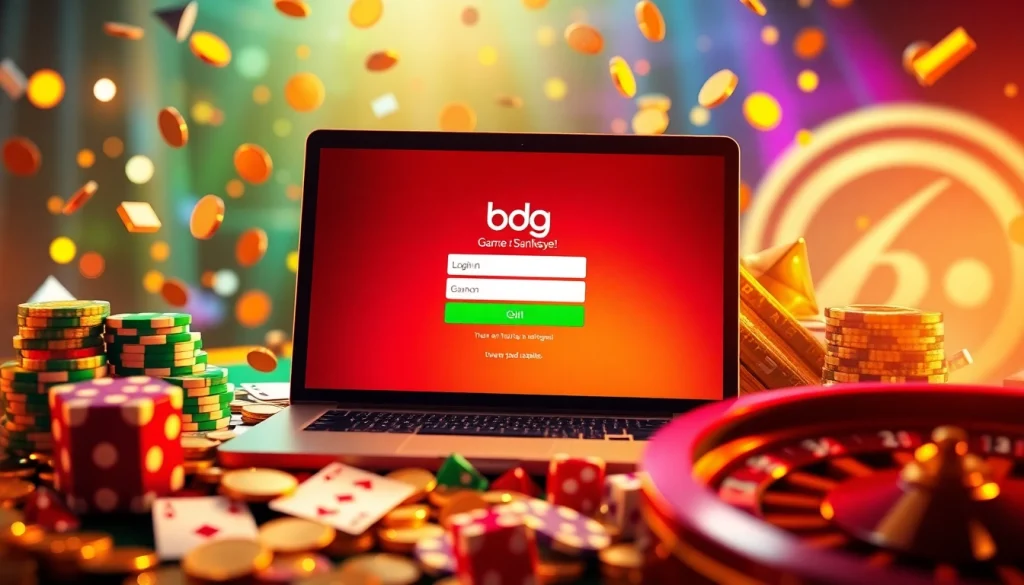 Access the bdg game login screen among exciting casino elements like poker chips and cards.