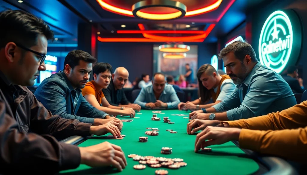 Engage in thrilling online poker with diverse players at a vibrant casino table.
