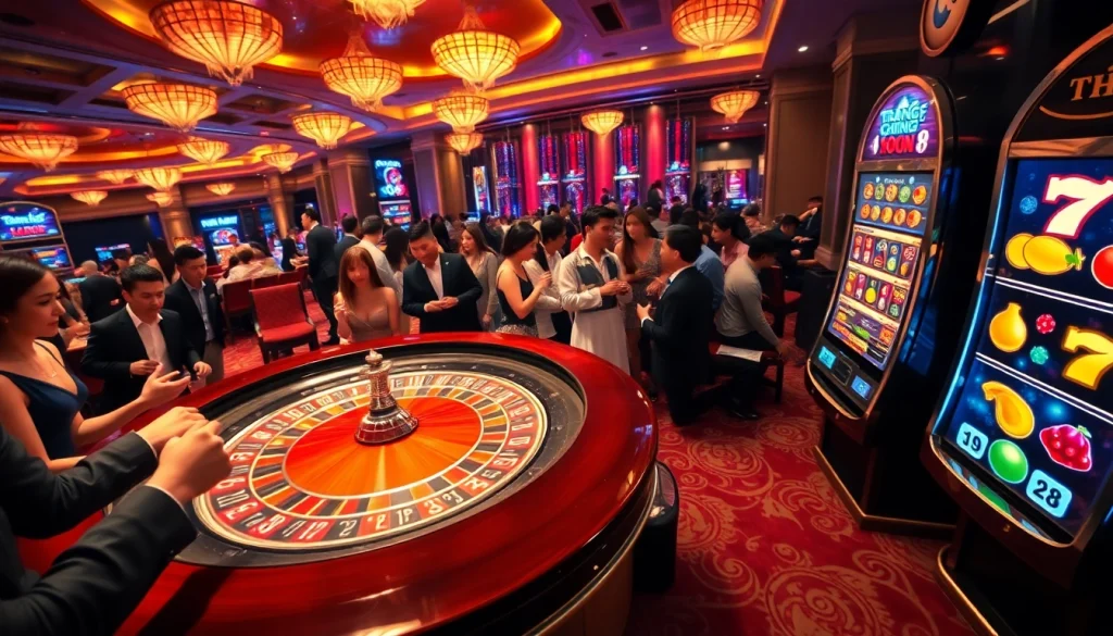Experience the excitement of trang chủ go8 in this vibrant casino scene with players at a roulette table and slot machines lit up.
