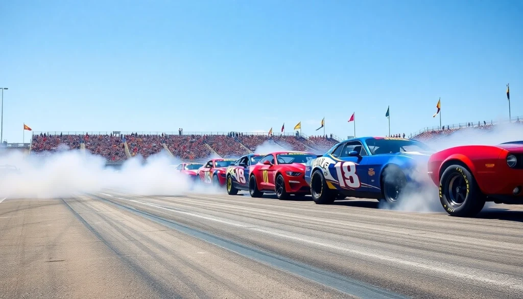 Drag Racing cars lined up on a racetrack, showcasing their speed and excitement.