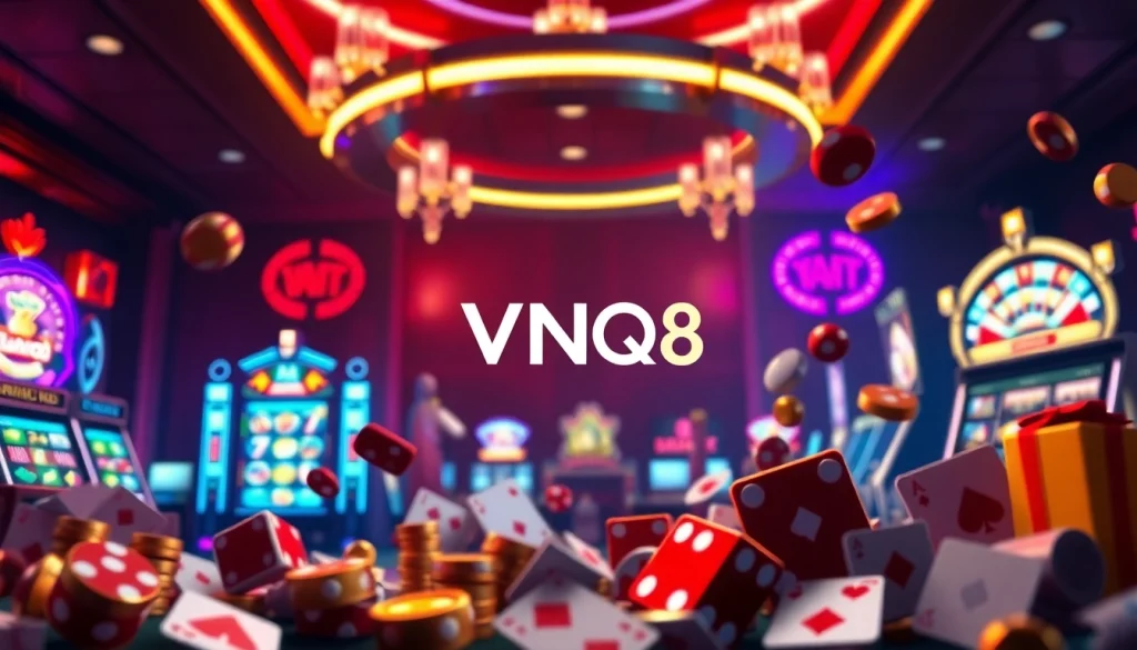 Engage with the VNQ8 gaming world, showcasing vibrant casino elements and excitement.