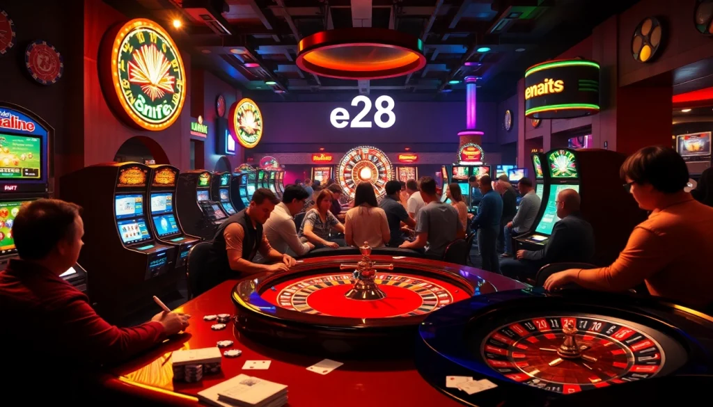 Experience the thrill of e28 poker with players engaging in intense matches under vibrant casino lights.