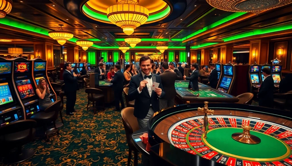 Experience the thrill of gambling at the e28-themed casino, featuring lively tables and excited players.