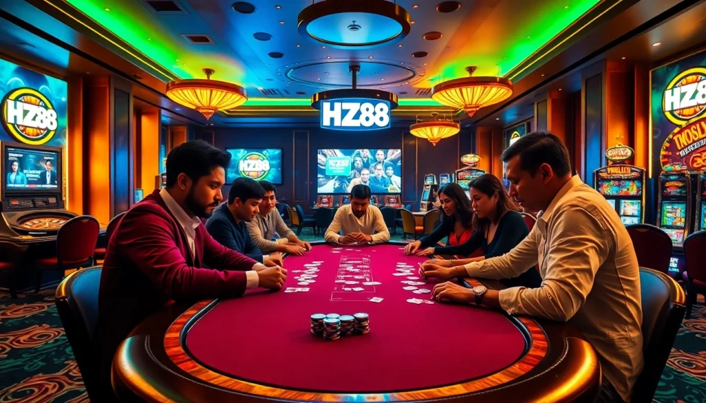 HZ88 Poker game in a bustling casino with colorful chips and focused players.