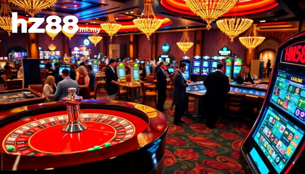 Experience the vibrant atmosphere of a casino at night with play at https://hz88.my/ featuring roulette tables, slot machines, and enthusiastic gamblers.