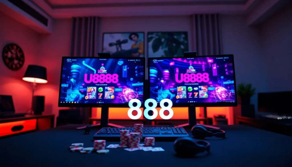 Engaging U888 online casino gaming setup with vibrant dual monitors and stylish decor.