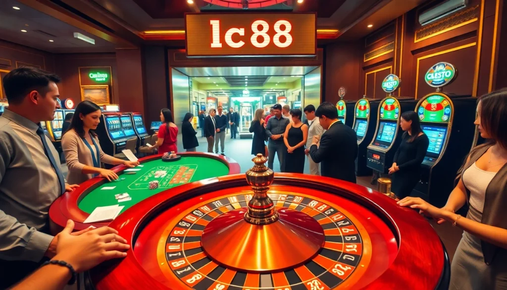 Experience the excitement of lc88 casino with a roulette table and enthusiastic players in a lively gambling atmosphere.