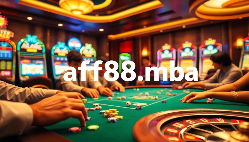 Experience the thrill at a poker table scene showcasing https://af88.mba/ in a bustling casino atmosphere filled with action.