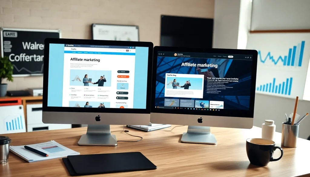 Optimize affiliate A/B testing strategies with a setup showcasing dual screens comparing webpage designs.