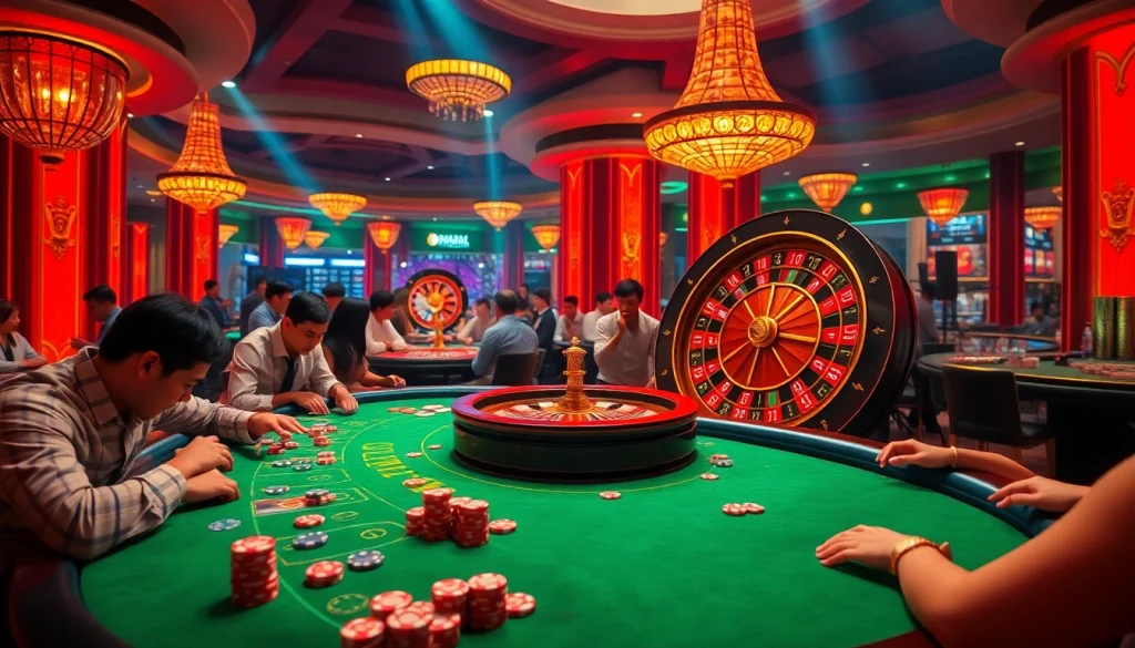 Experience the excitement of gambling at mm88 com with players around a blackjack table and a roulette wheel.