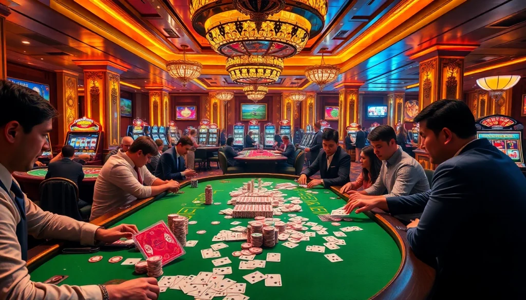 Experience the excitement of gaming and winning at https://79kings.co/ with vibrant casino tables, players, and colorful chips.