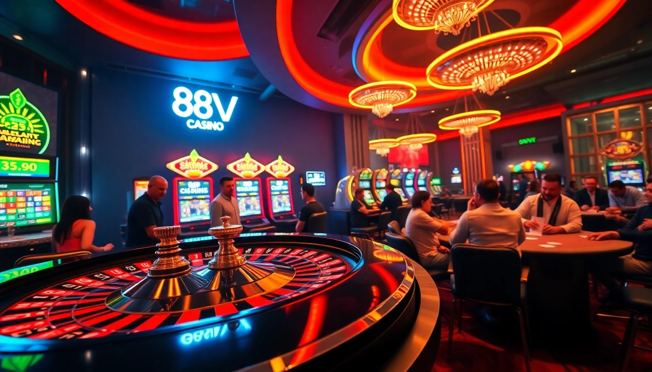 Players experience the thrill of betting at 88VV casino tables and slots under exciting neon lights.