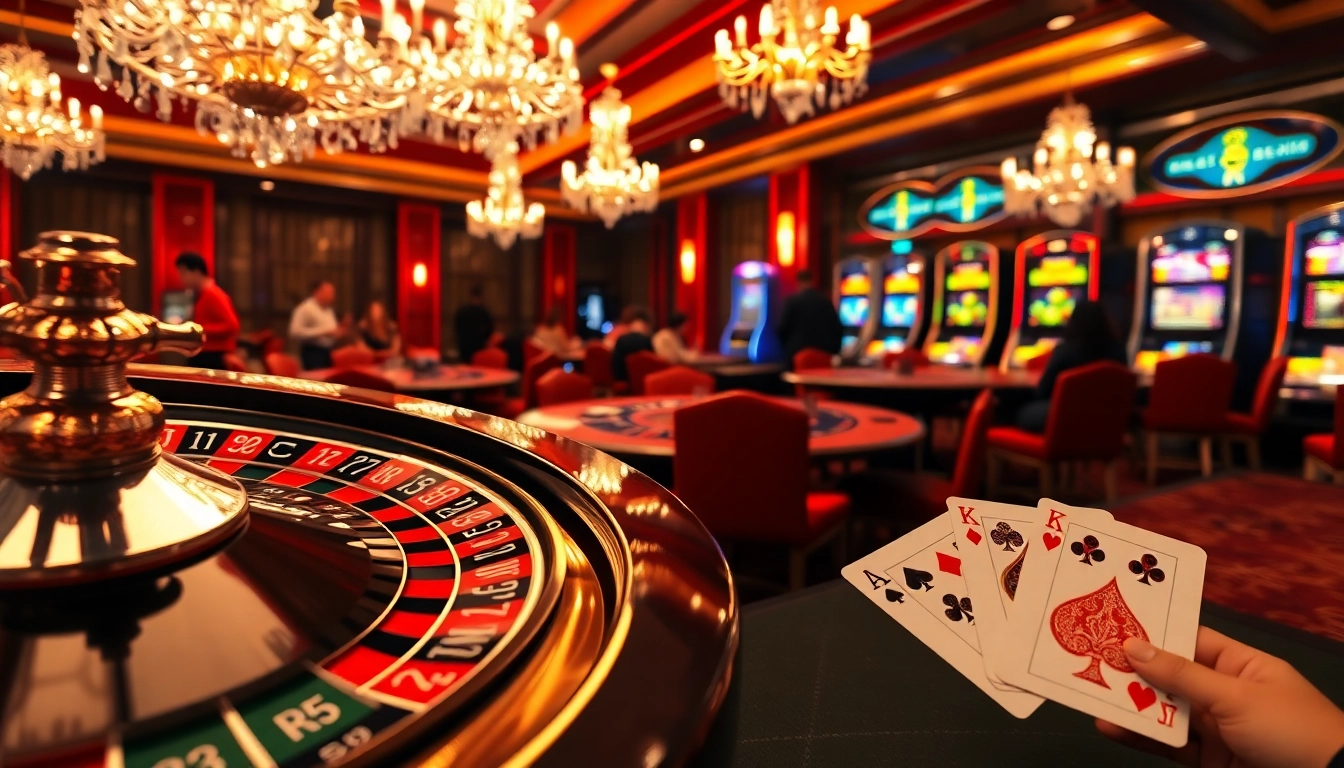 Experience the excitement of gacor123 at a lively casino, with poker tables and a roulette wheel in action.